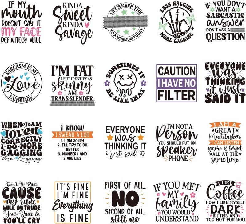 Shejdgart Dtf Transfers Ready to Press - 20 Pcs Sarcastic Quotes Iron on Patches for T-Shirts, Heat Transfer Funny Vinyl Stickers, Humorous Iron on Decals for Clothes Bag DIY Fabric Decor - Image 1